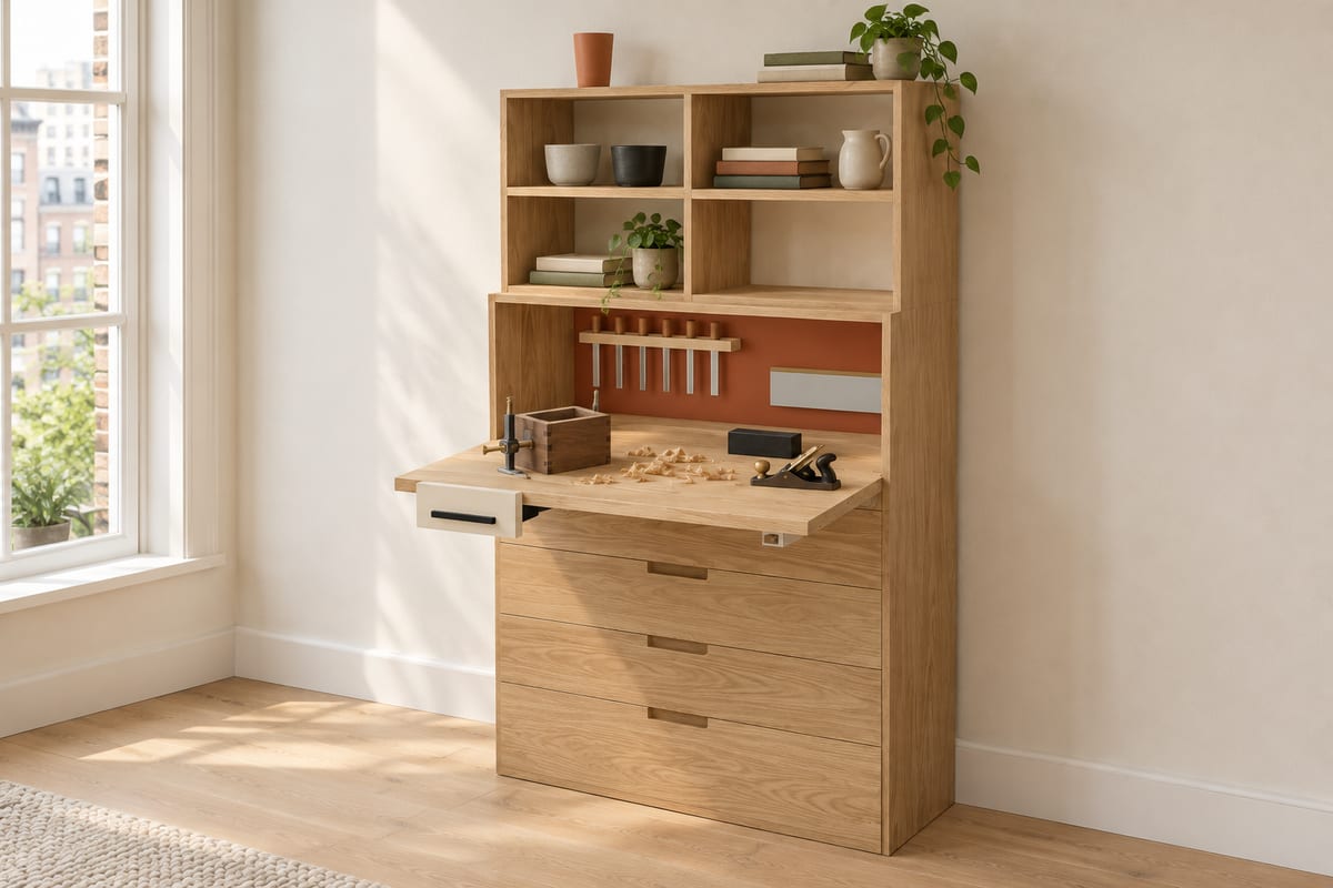 Apartment fold-away workbench, a rendering