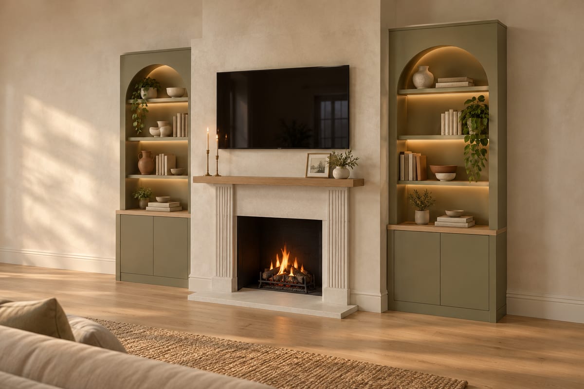 Arched fireplace media wall, a rendering