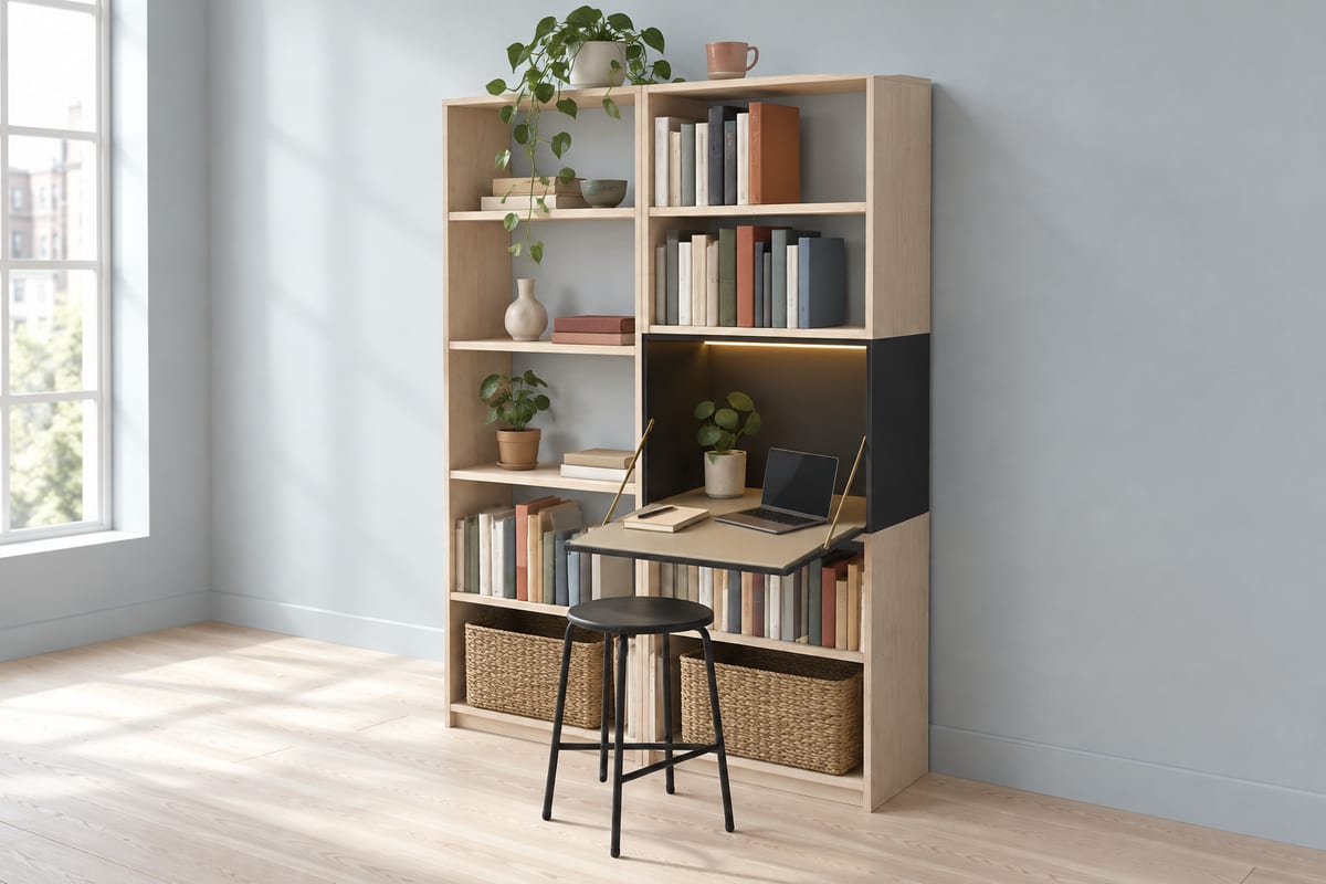 Birch room divider with fold-out desk, a rendering