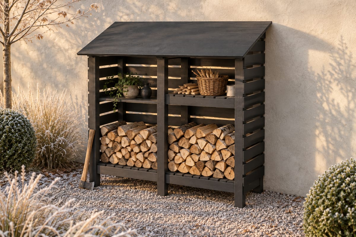 Black timber log store, a rendering