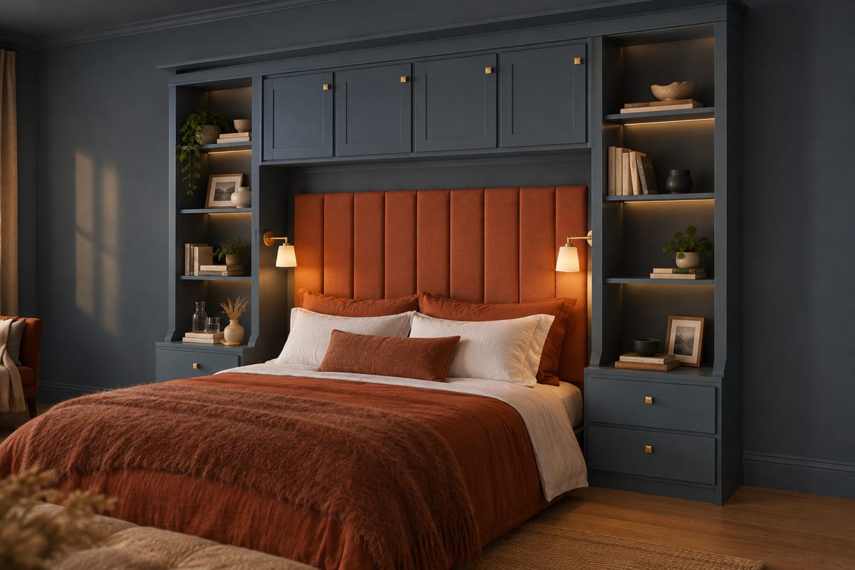 Blue-grey headboard wall, a rendering