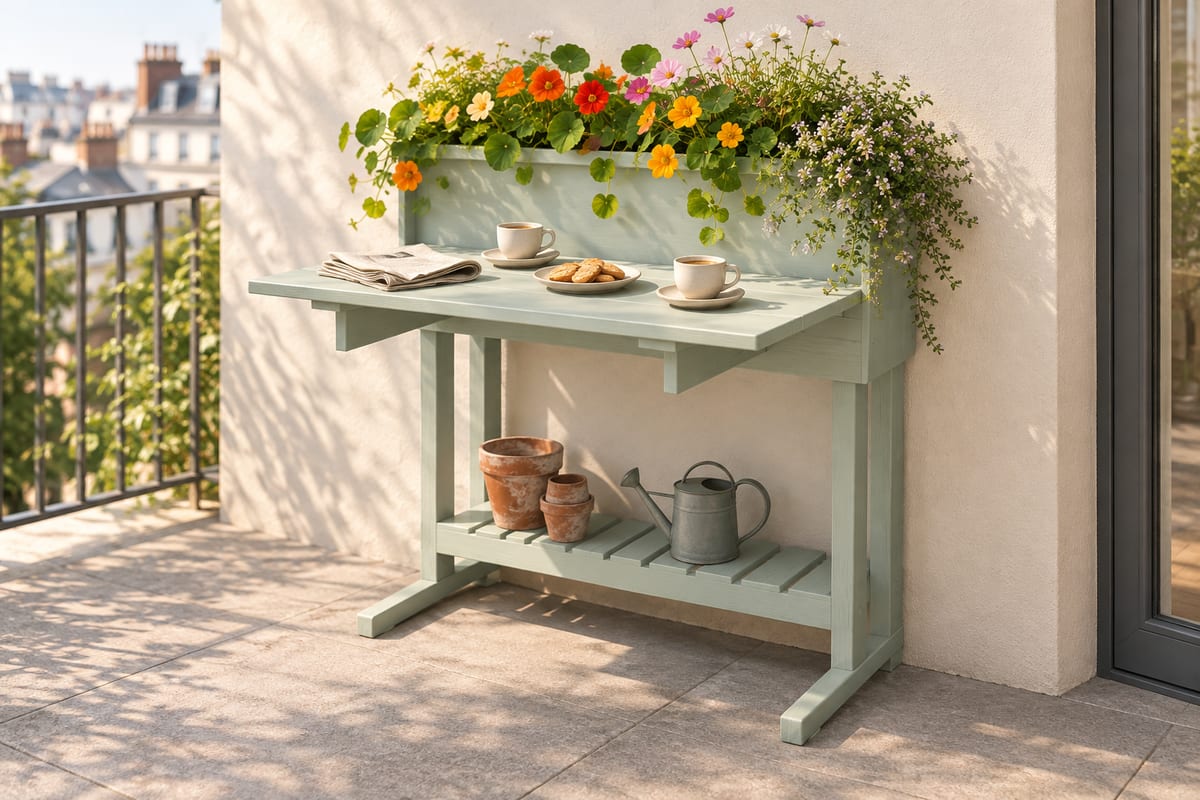 Celadon balcony planter table, a rendering
