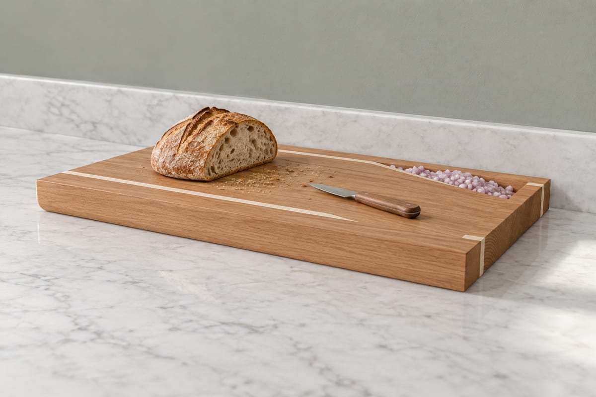 Cherry board with a sloped crumb well, a rendering