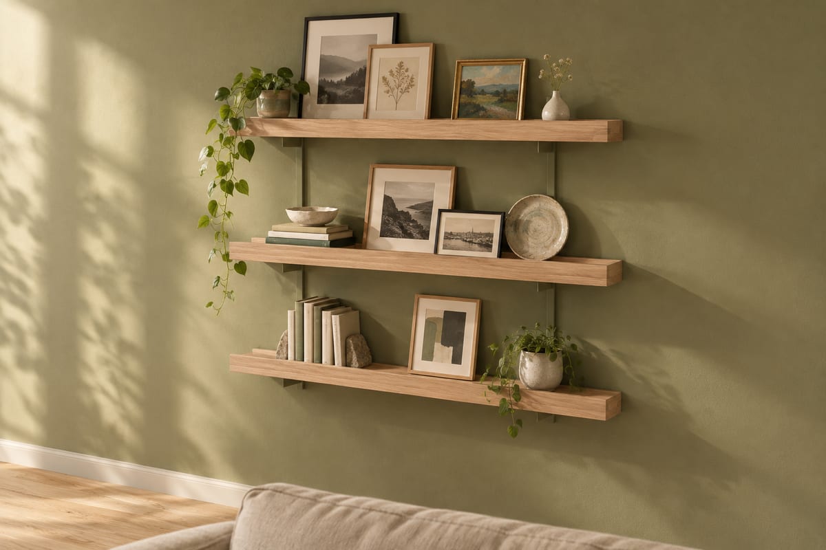 Cherry gallery ledges on twin-slot rails, a rendering