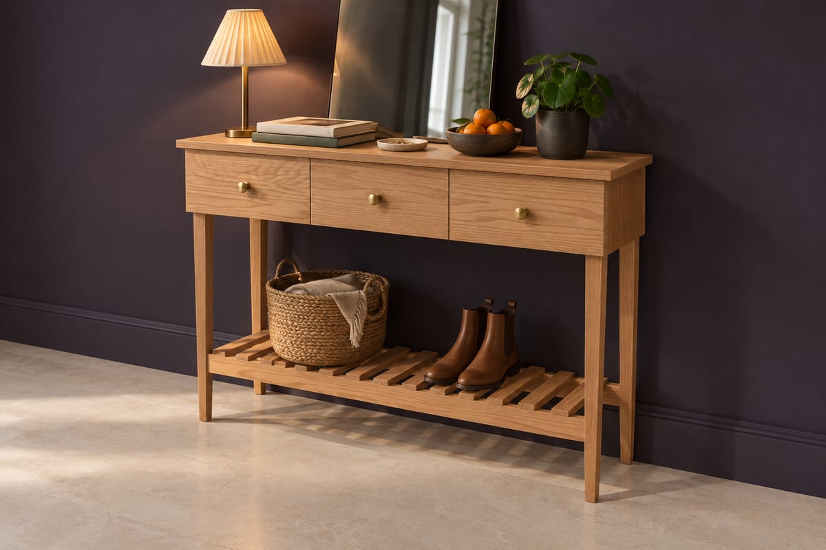 Cherry three-drawer hall console, a rendering
