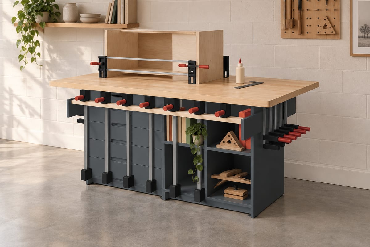 Outfeed and assembly table with clamp racks, a rendering