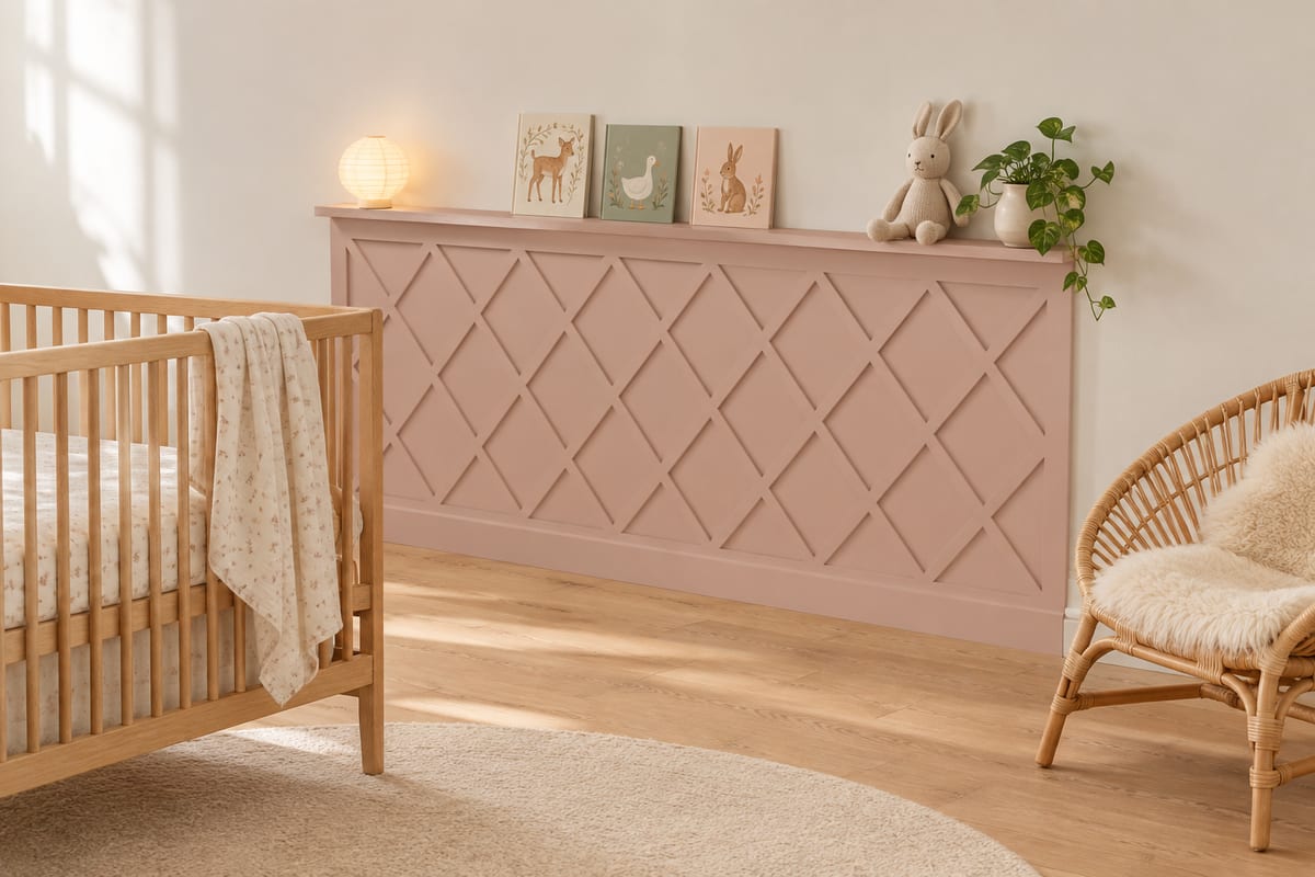 Clay-pink diamond lattice nursery wall, a rendering