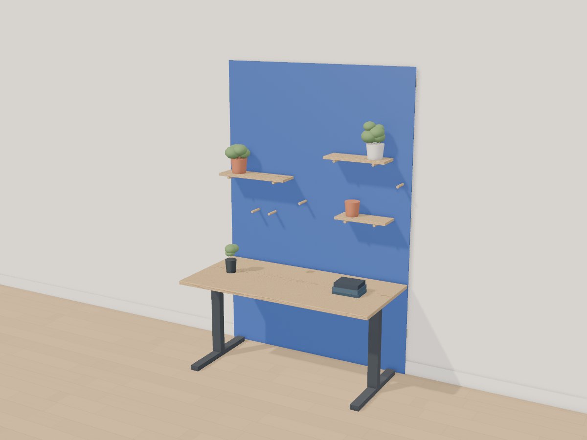Oak standing desk with a cobalt pegboard, Crava's 3D model