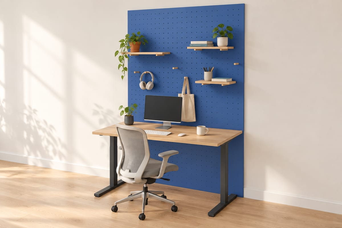 Oak standing desk with a cobalt pegboard, a rendering