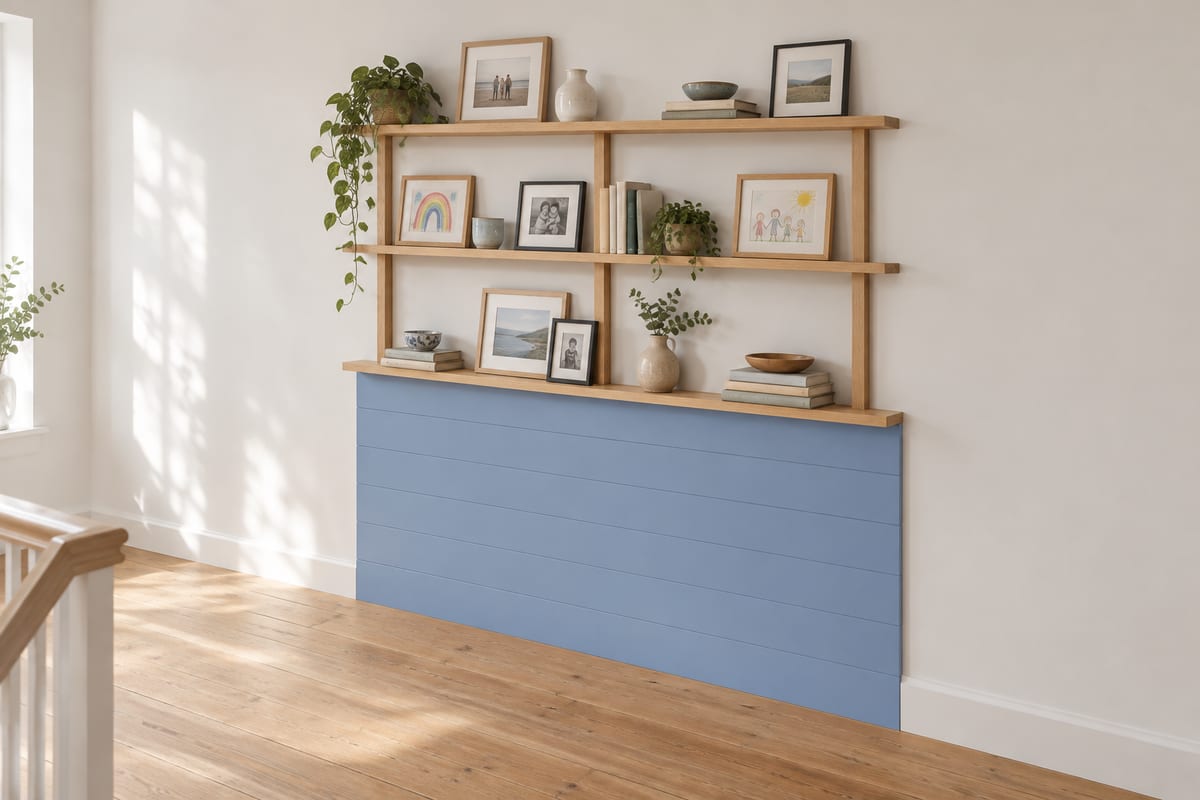 Cornflower stair-landing gallery wall, a rendering