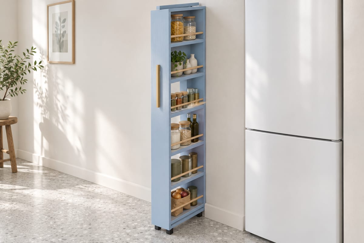 Cornflower slim rolling pantry, a rendering