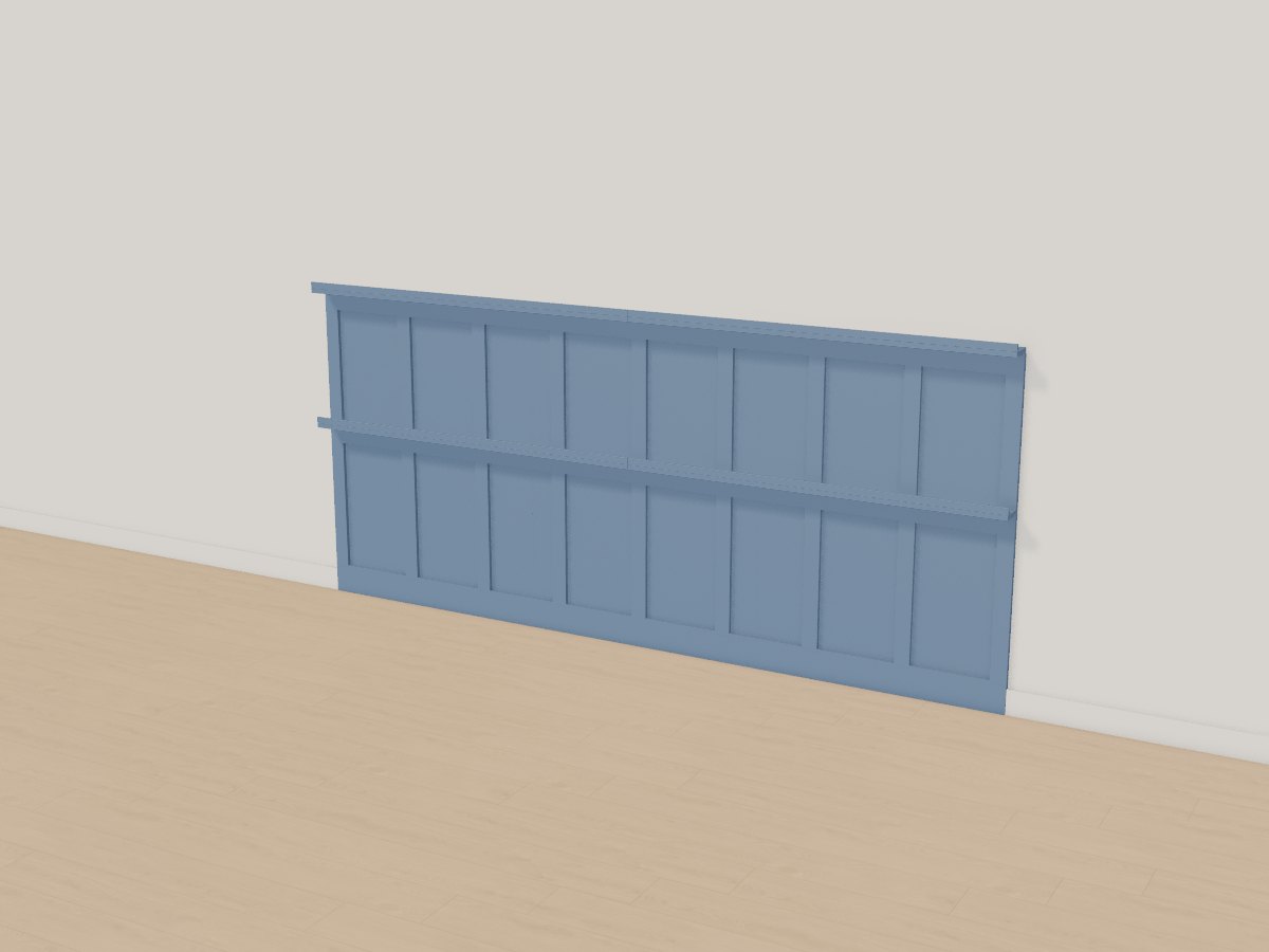 Denim board-and-batten book wall, Crava's 3D model