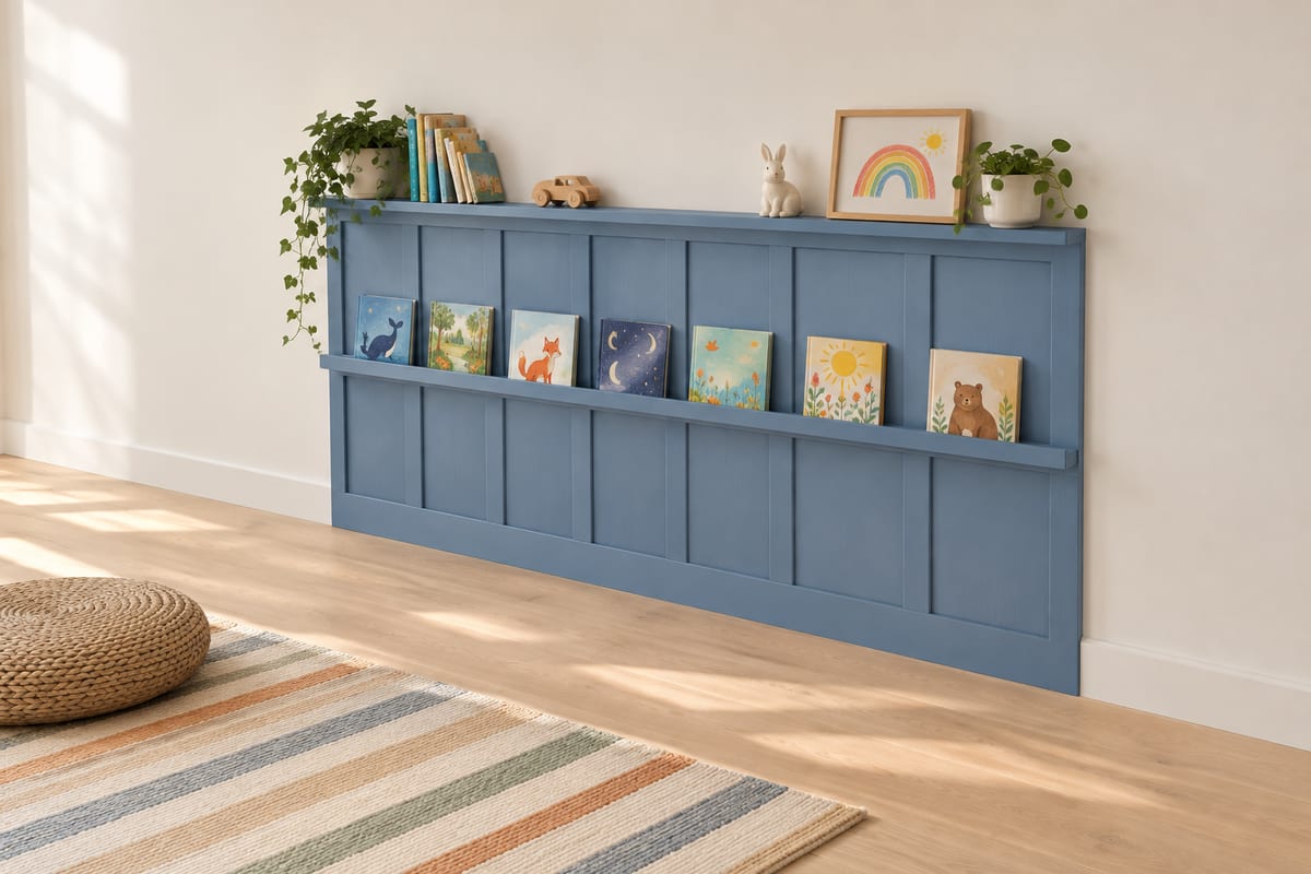 Denim board-and-batten book wall, a rendering