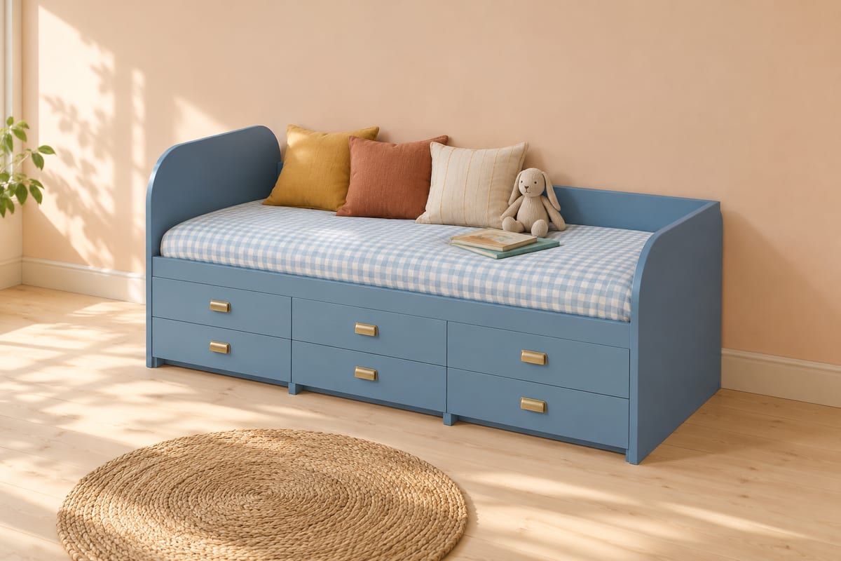 Denim blue captain's bed, a rendering