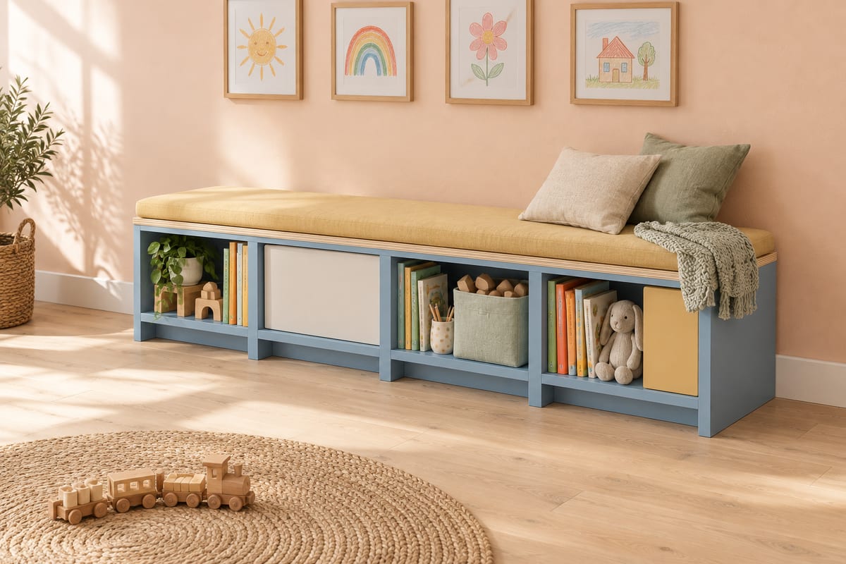 Dusty blue toy bench, a rendering