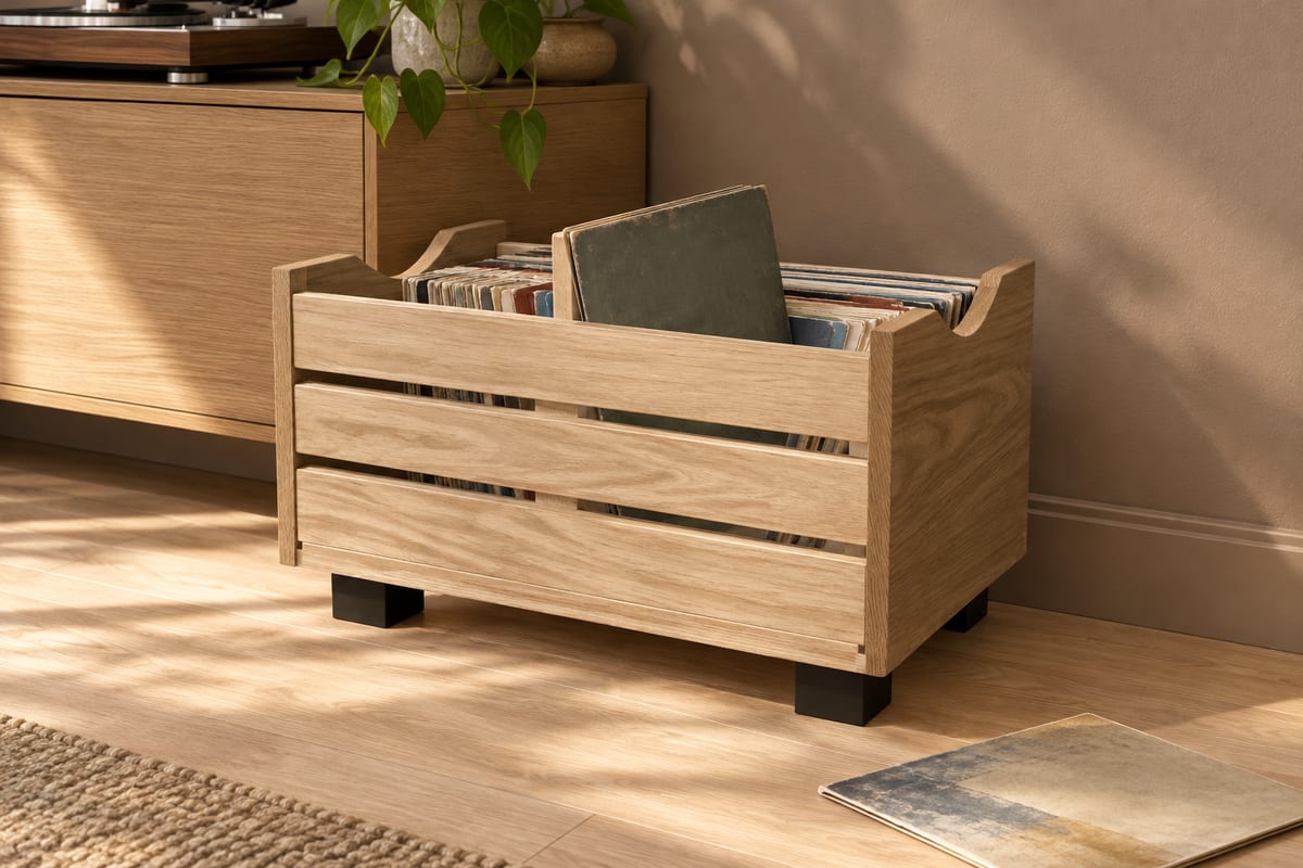 Ebonised oak record crate, a rendering