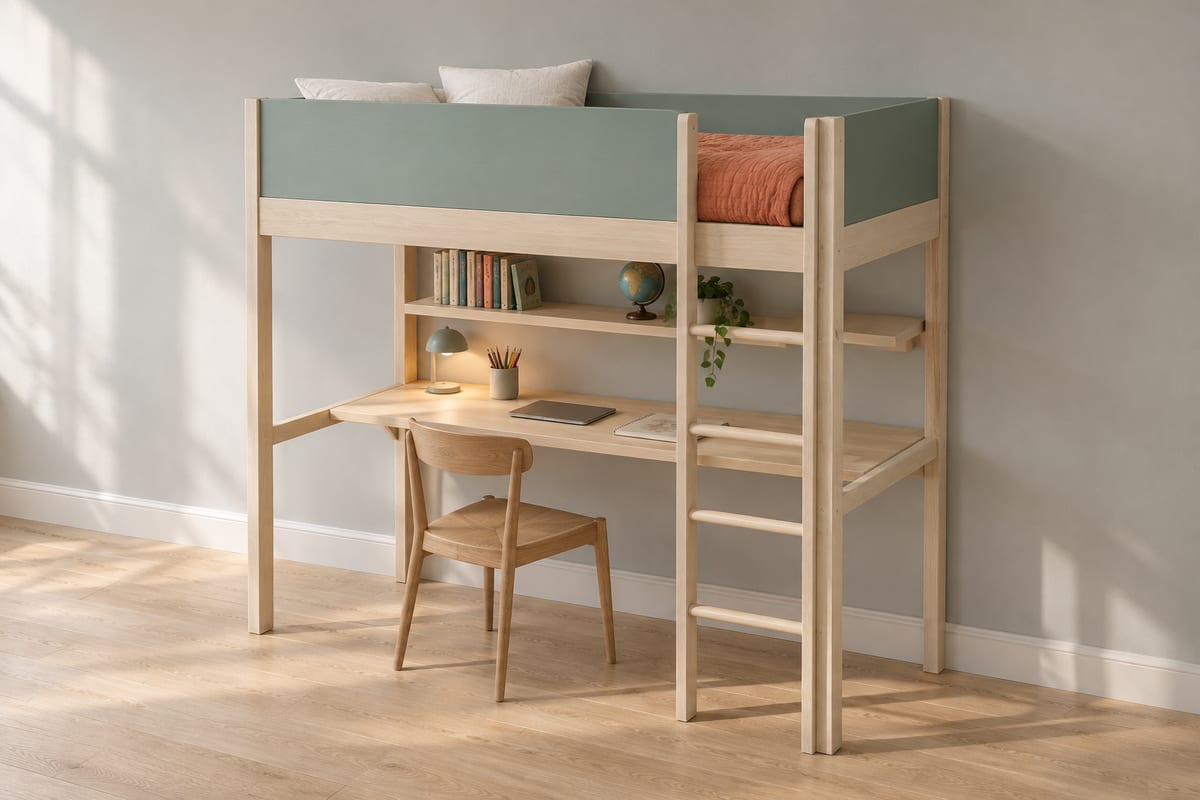 Eucalyptus loft bed with desk, a rendering