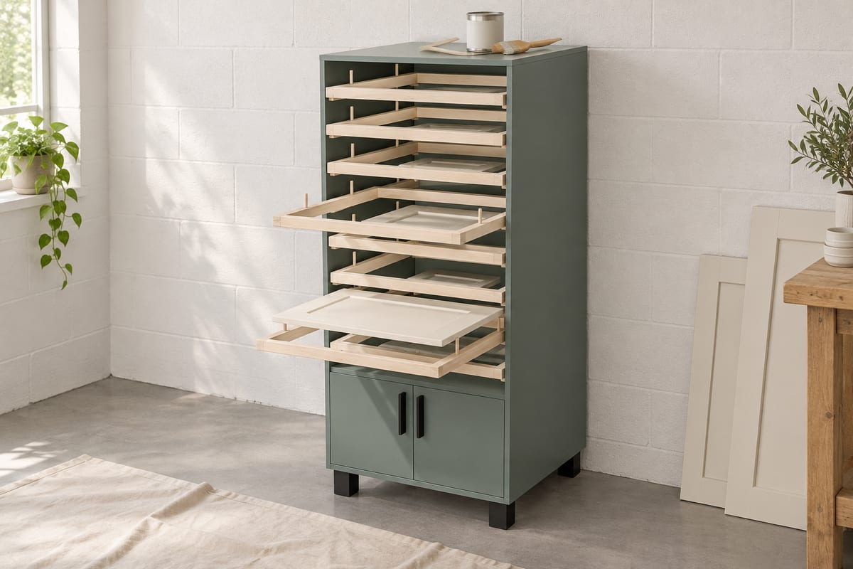 Finishing cart with pull-out drying racks, a rendering