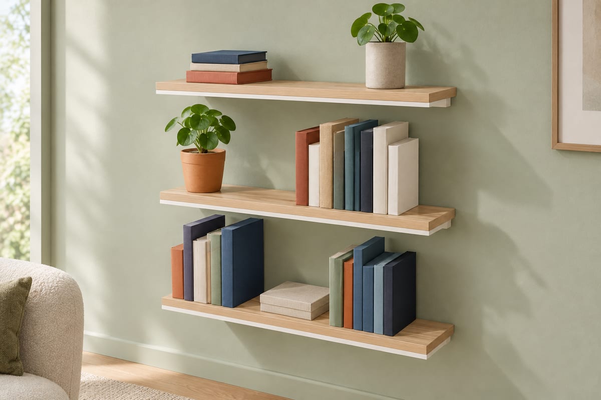 Floating oak shelves with lights, a rendering