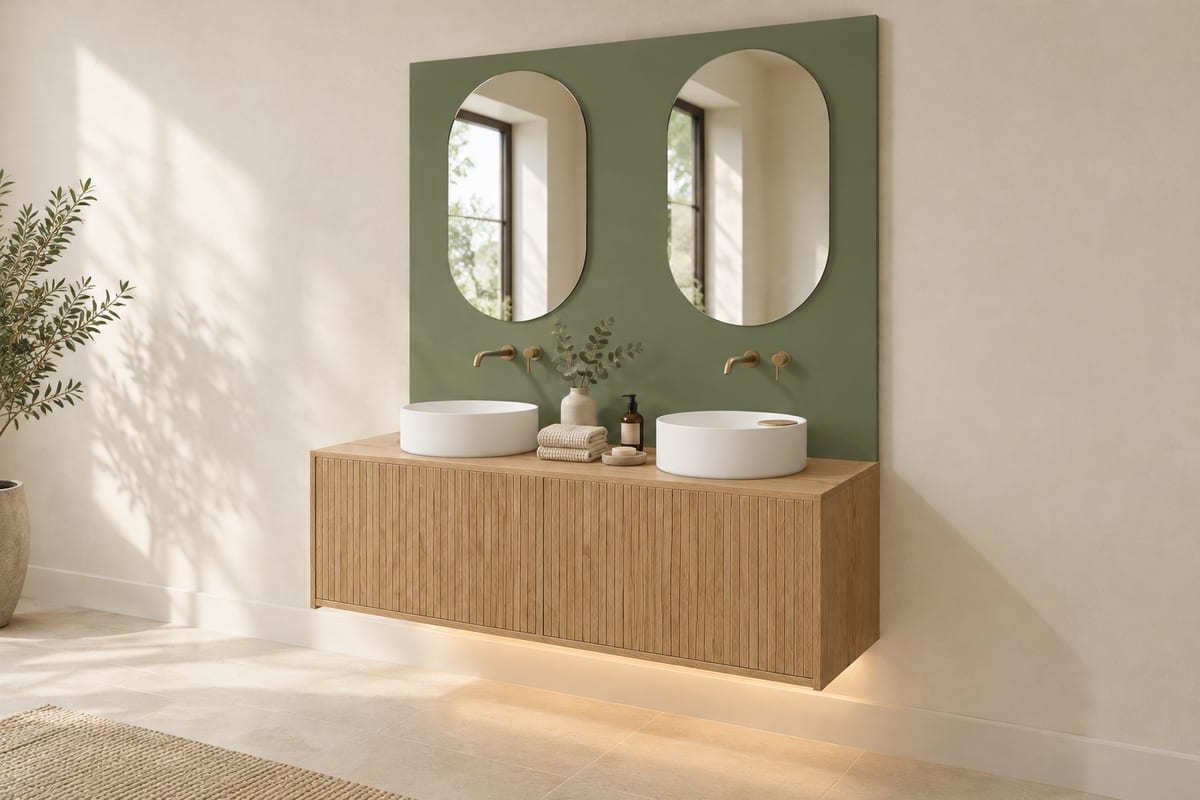 Fluted oak floating double vanity, a rendering