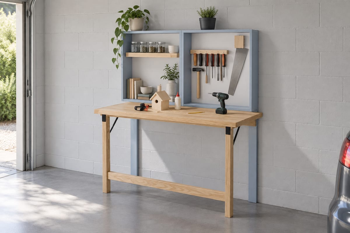 Fold-down garage workbench, a rendering