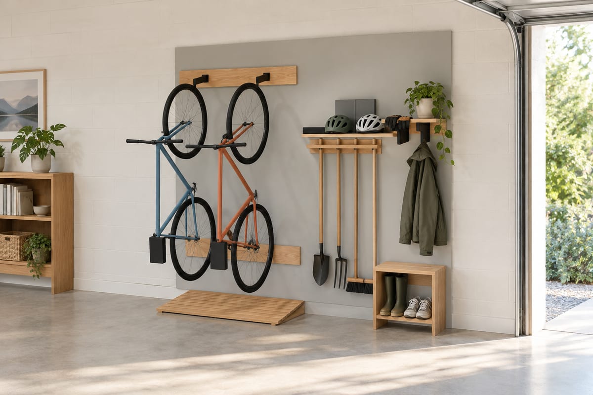 Garage bike and garden wall, a rendering