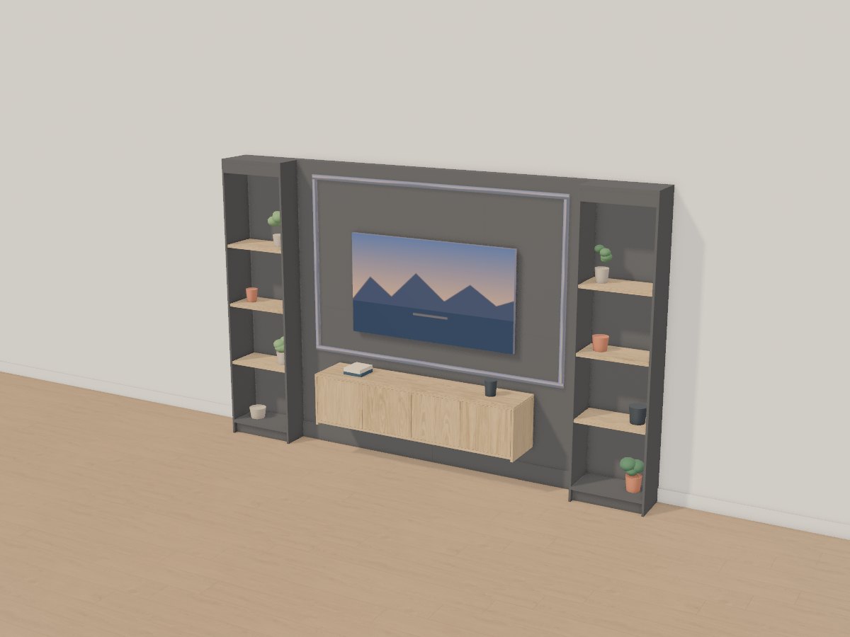 Graphite panelled TV wall with hidden cables, Crava's 3D model