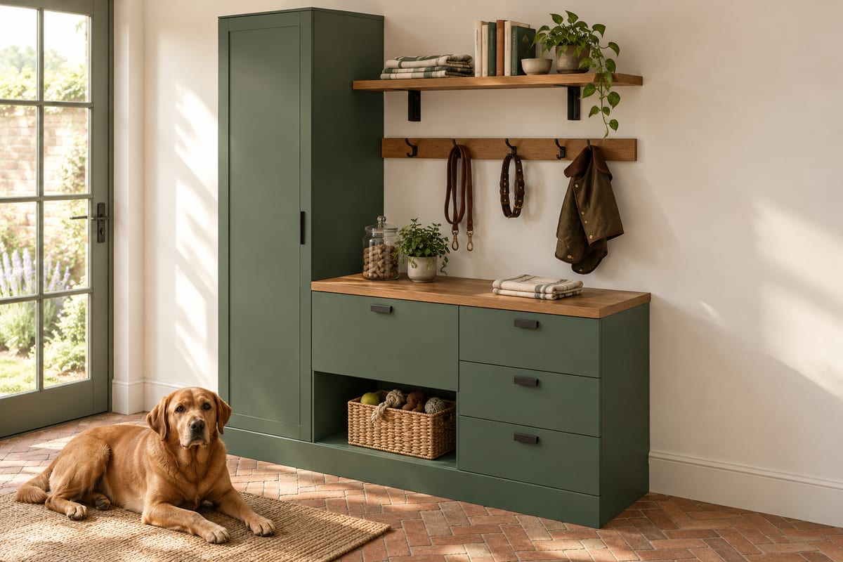 Green mudroom pet station, a rendering