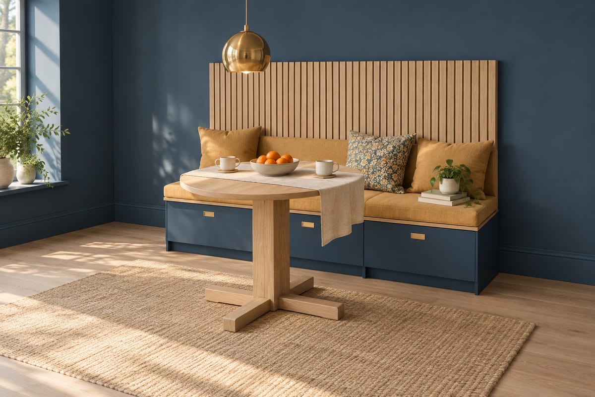 Ink blue banquette nook, a rendering