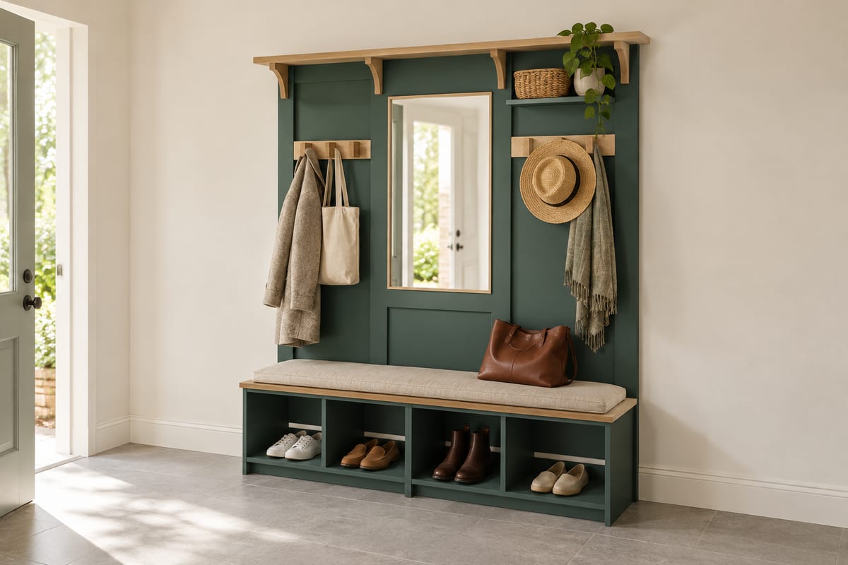 Juniper entry wall with bench and mirror, a rendering
