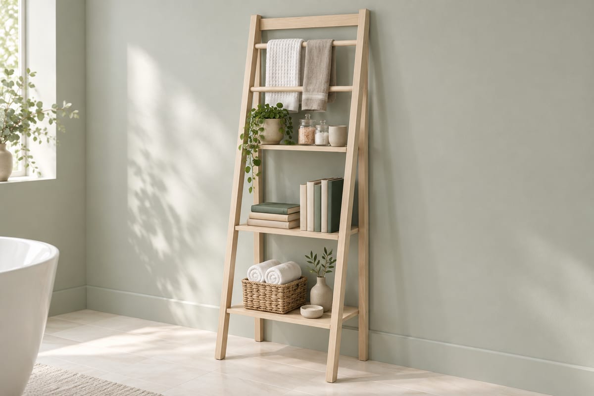 Maple bathroom ladder etagere, a rendering