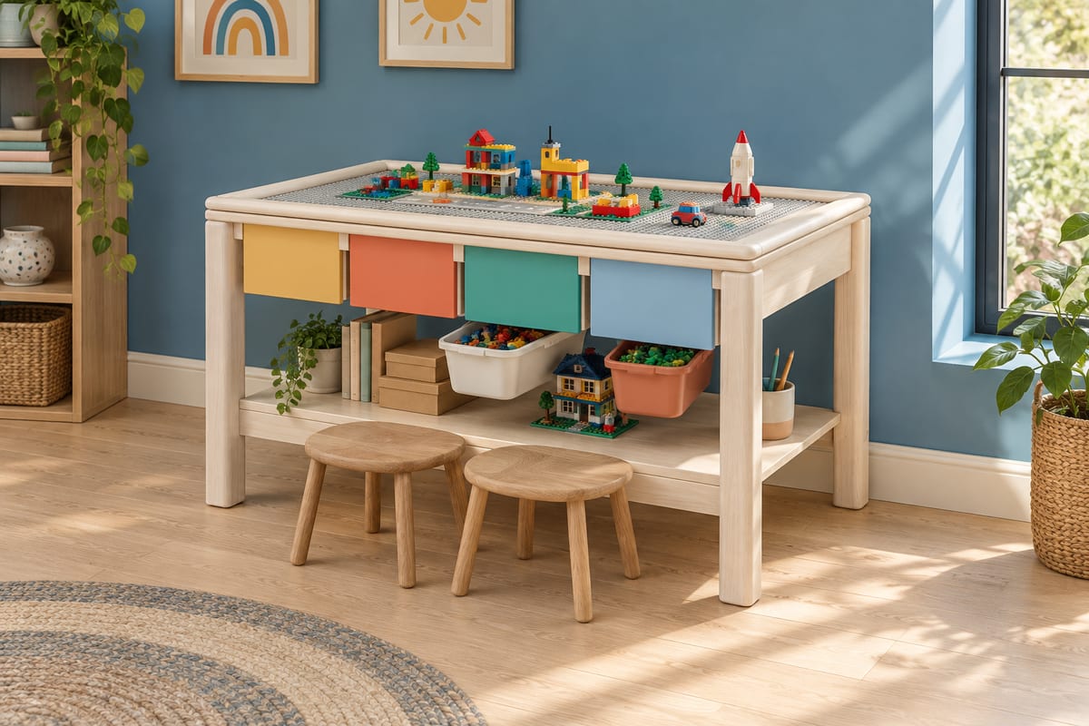 Maple building-brick table with bins, a rendering