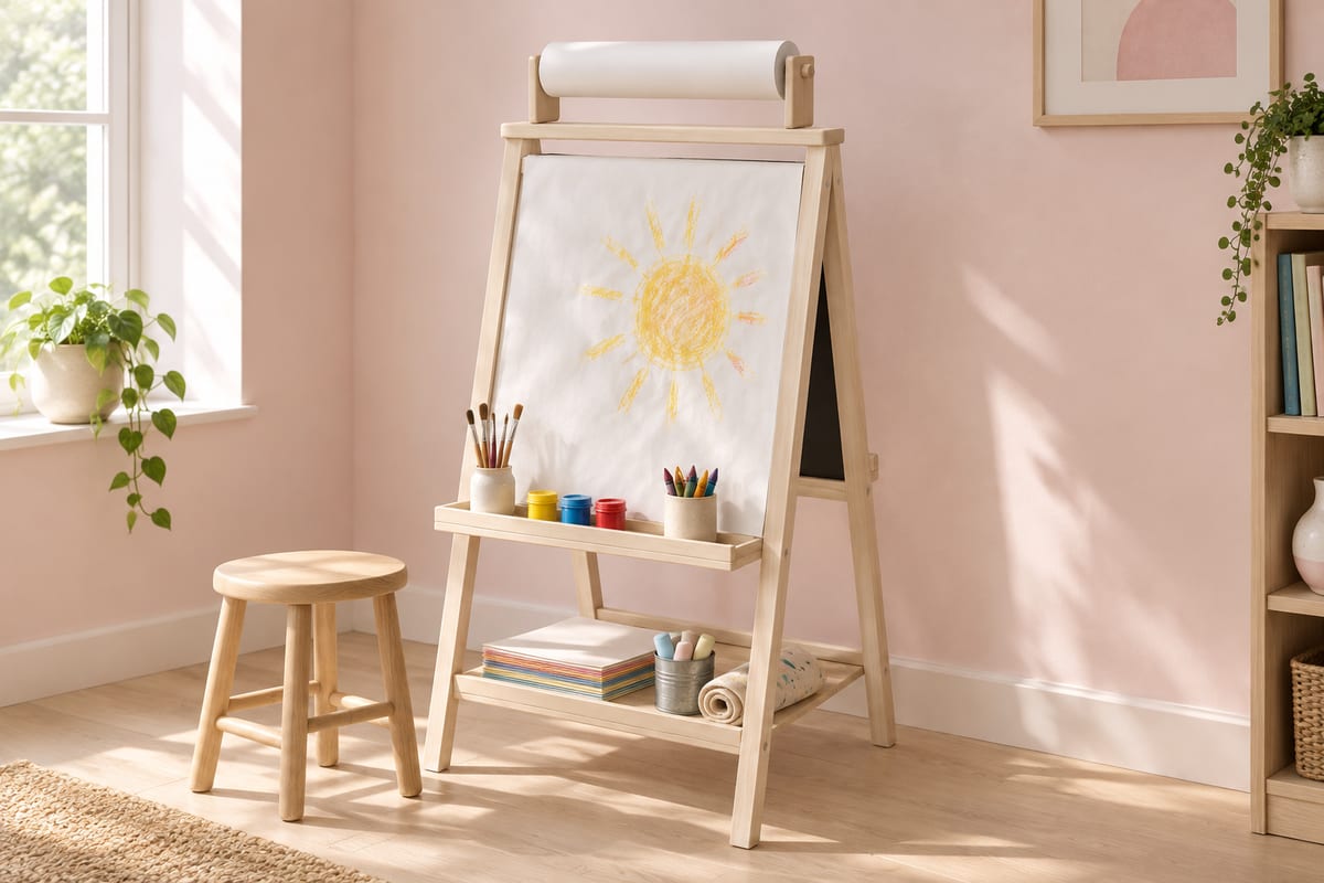 Double-sided maple kids' easel, a rendering