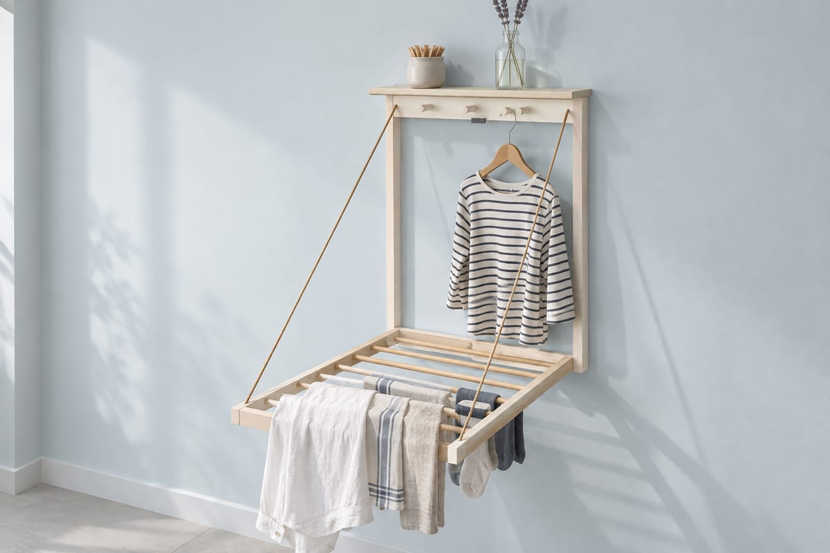 Maple fold-down drying rack, a rendering