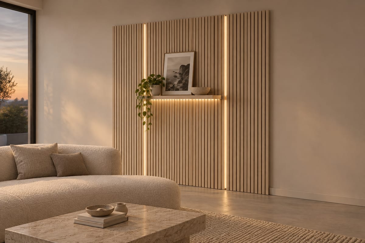 Maple lit slat wall with floating shelf, a rendering