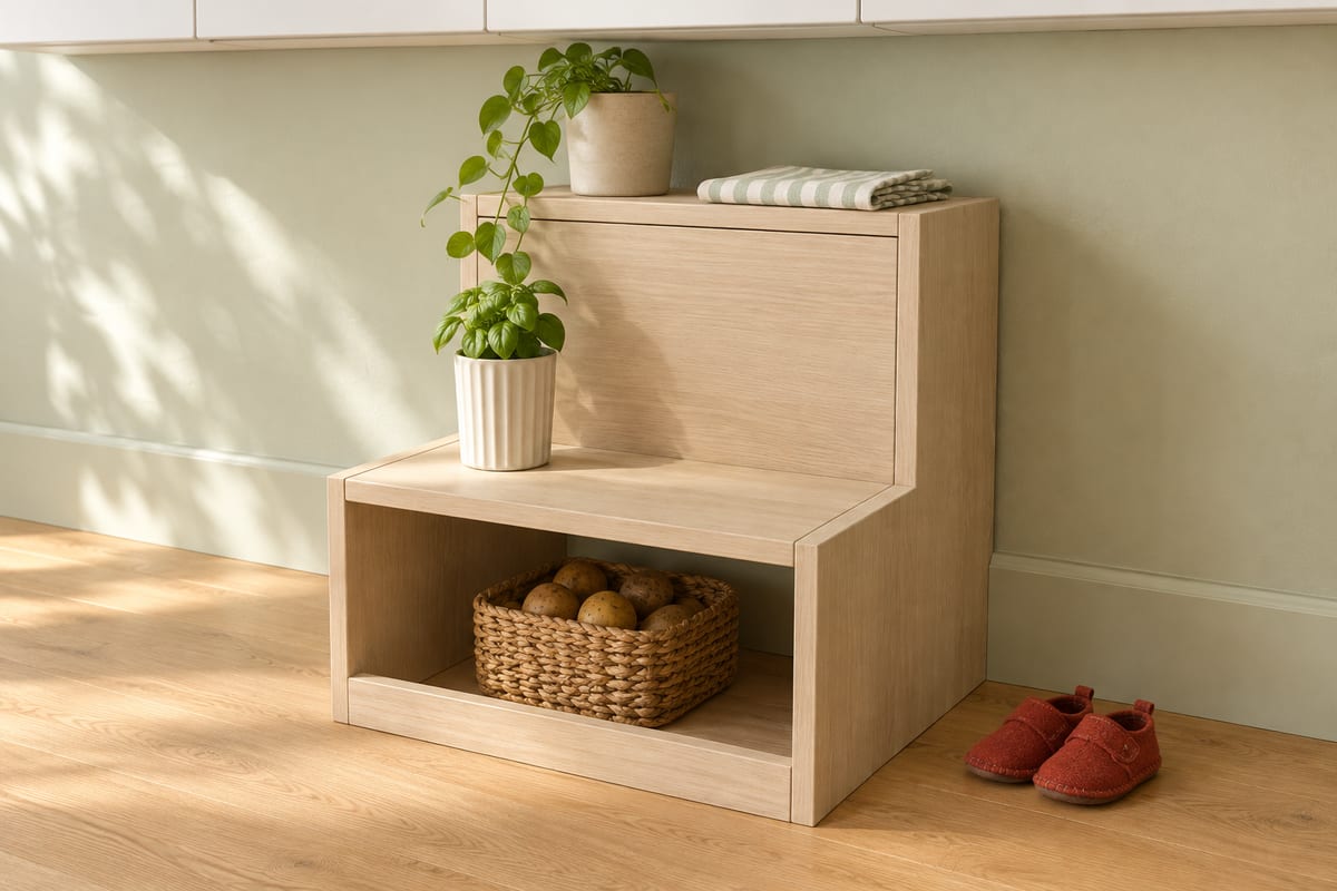 Maple two-step storage stool, a rendering