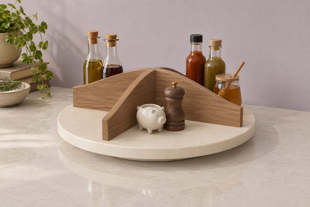 Lazy-susan caddy with crossed dividers, a rendering