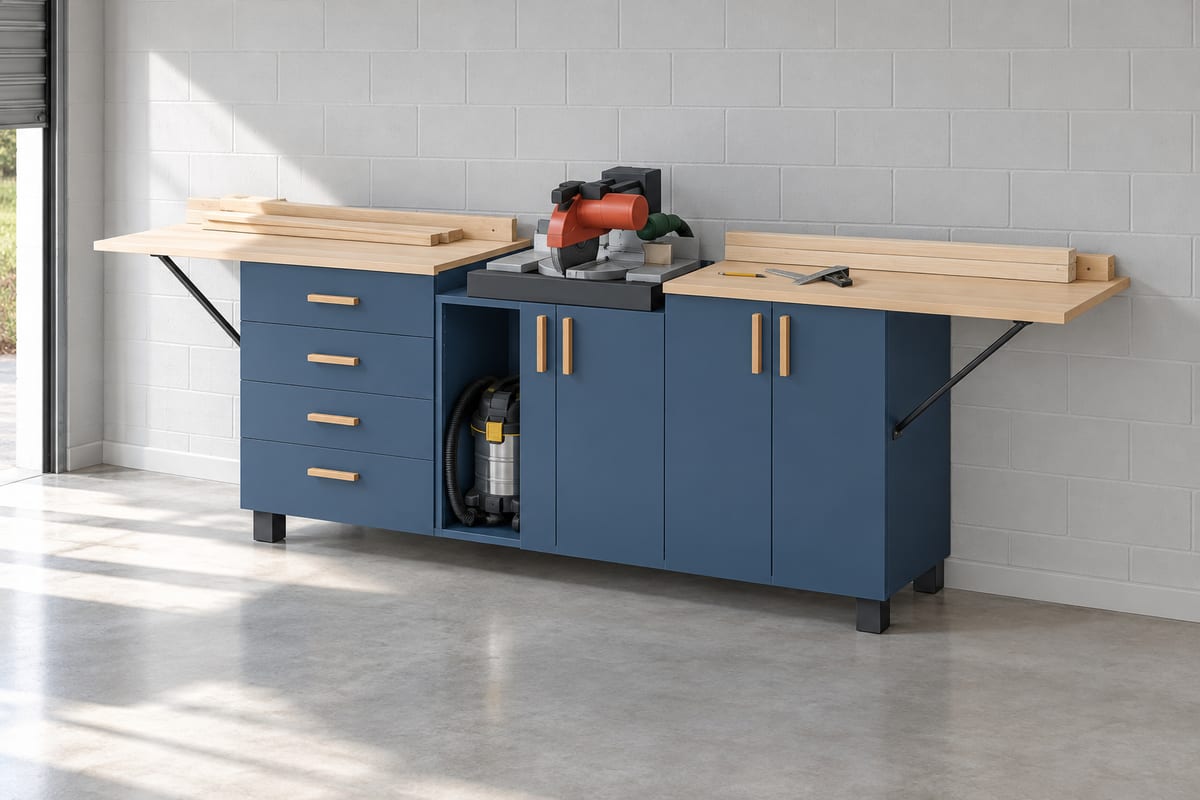 Mobile mitre saw station, a rendering