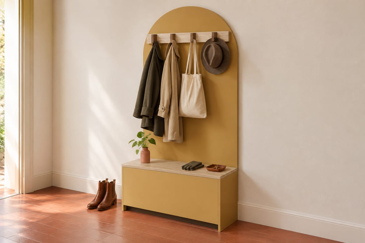 Mustard arched lift-lid hall bench, a rendering