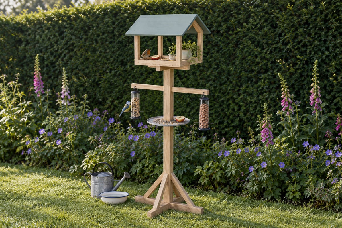 Oak bird feeding station, a rendering