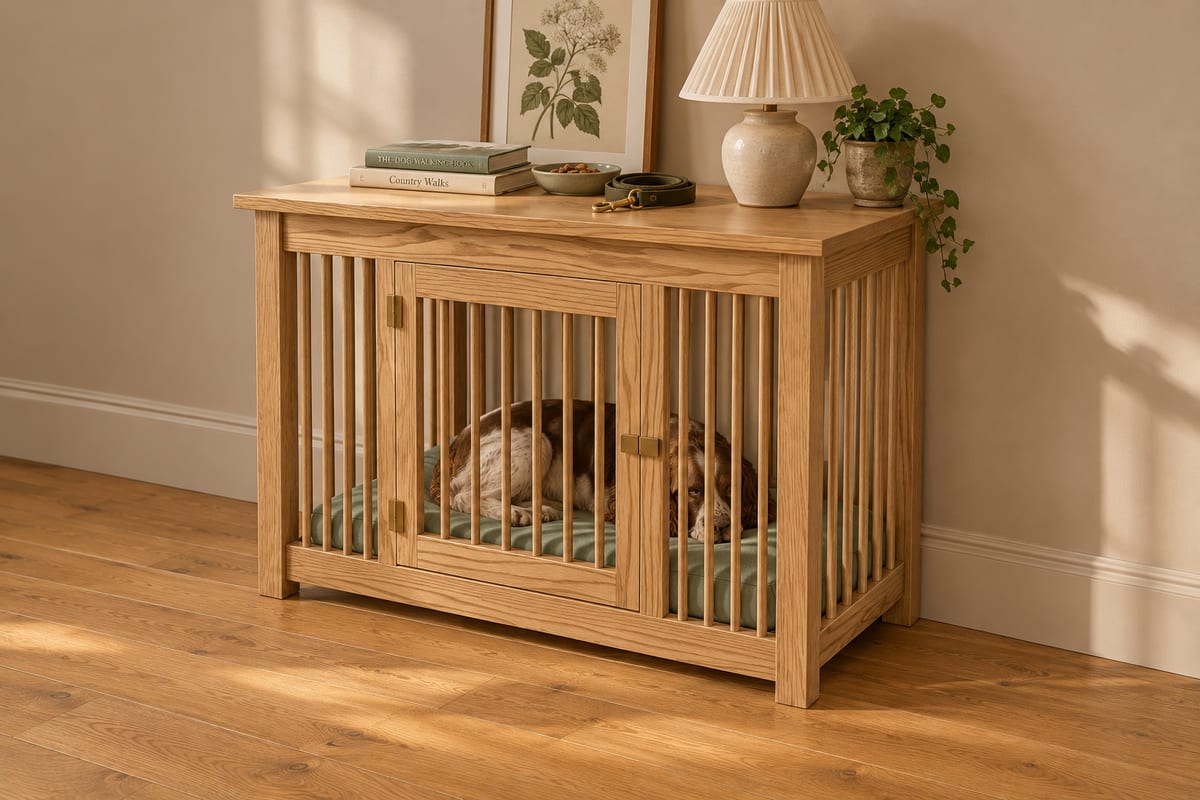 Oak dog crate console, a rendering
