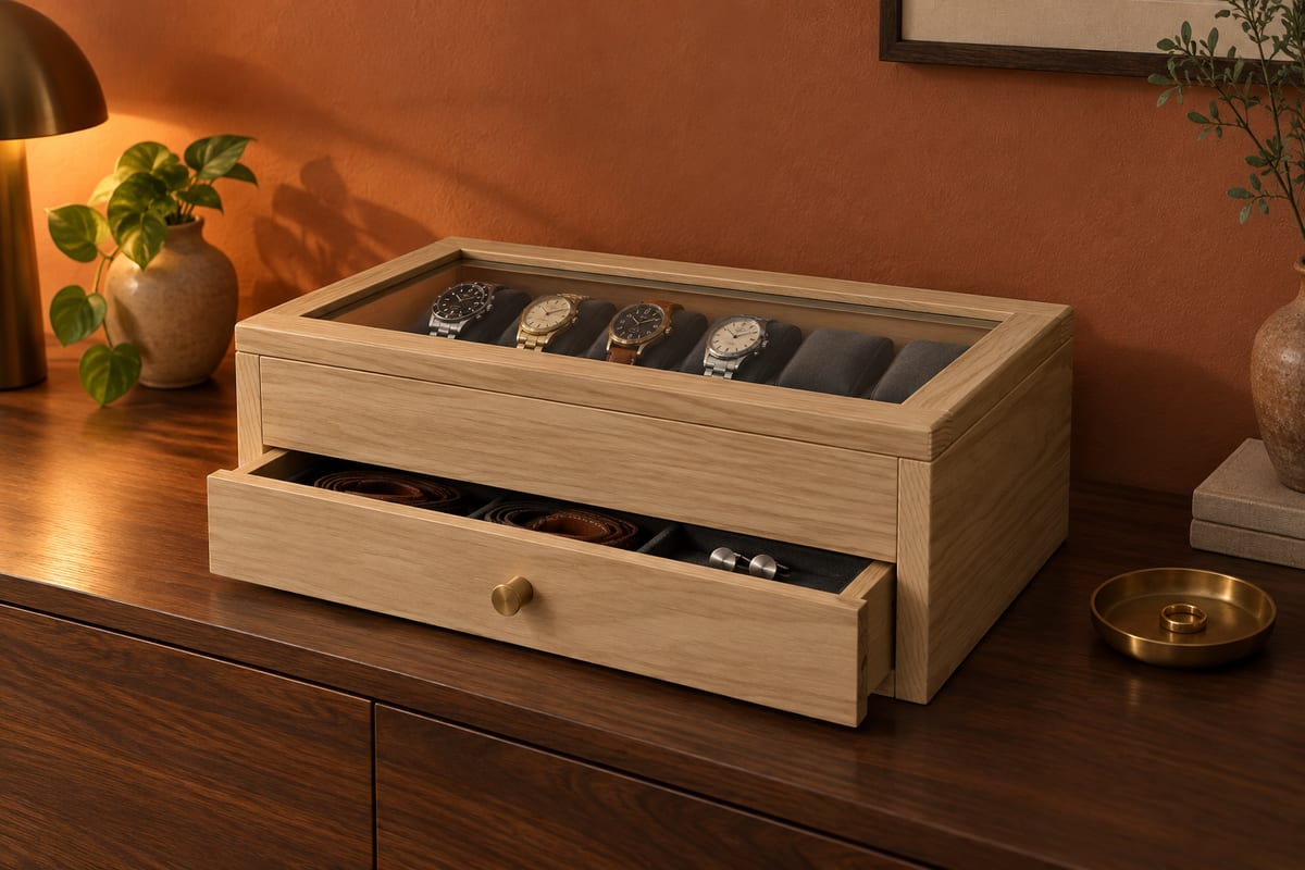 Oak watch box with a glass lid, a rendering