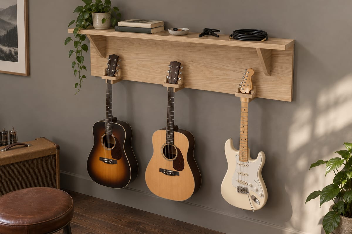 Oak guitar wall with a top shelf, a rendering
