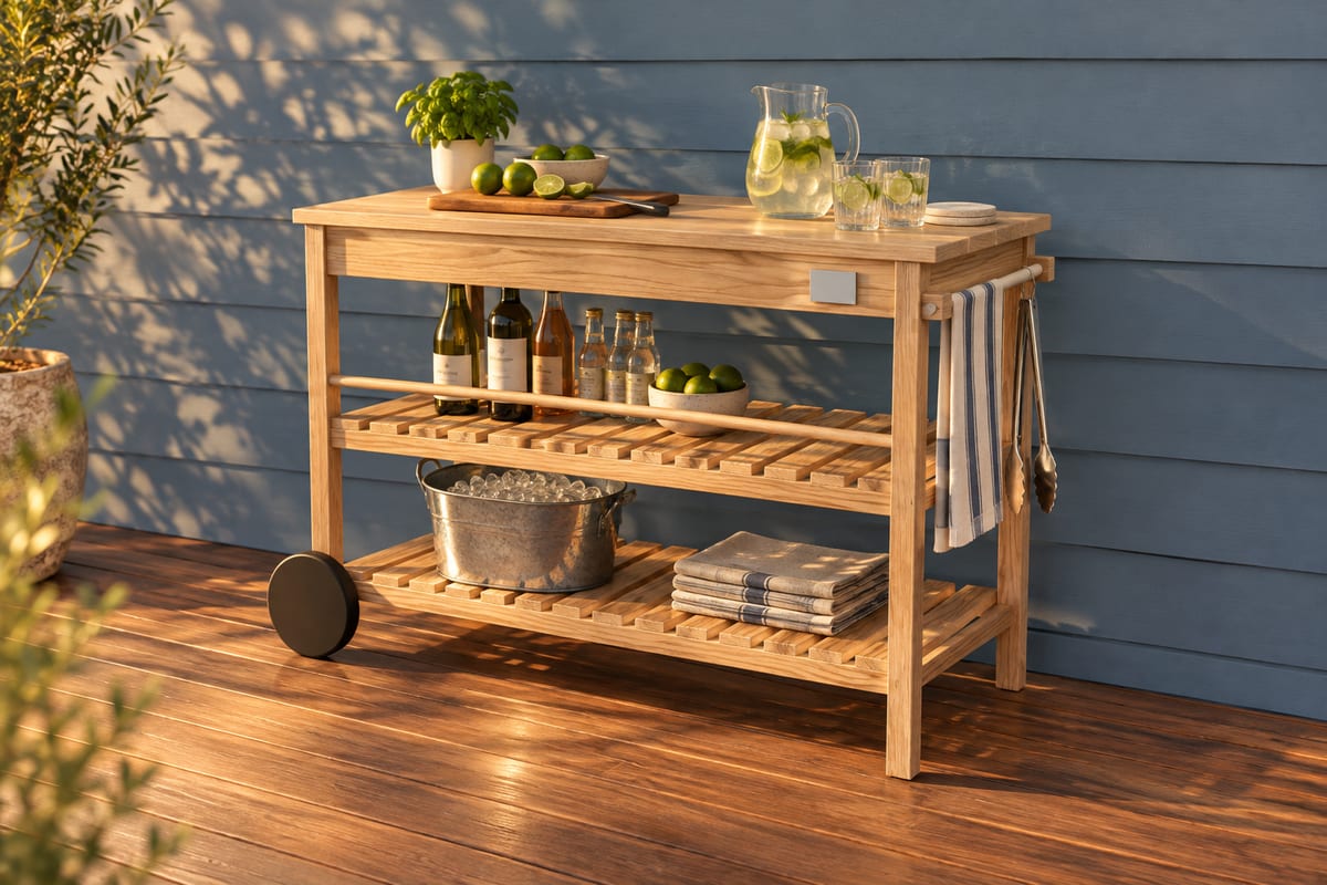 Oak outdoor bar cart, a rendering