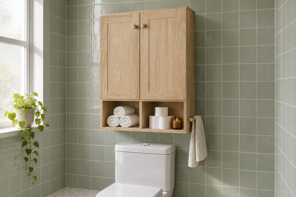 Oak over-toilet cabinet, a rendering