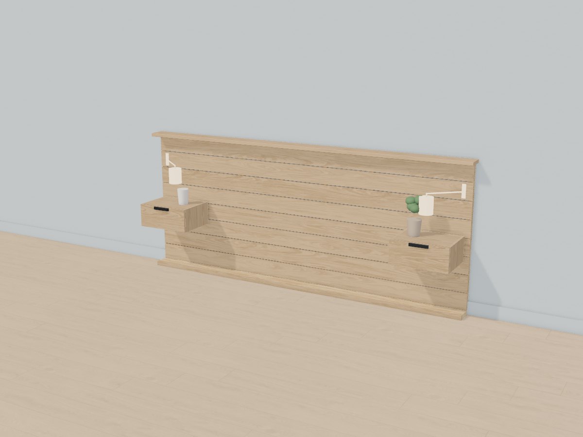 Oak plank headboard wall with floating nightstands, Crava's 3D model