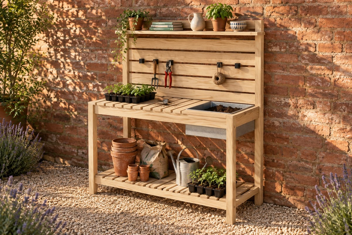 Oak potting bench, a rendering