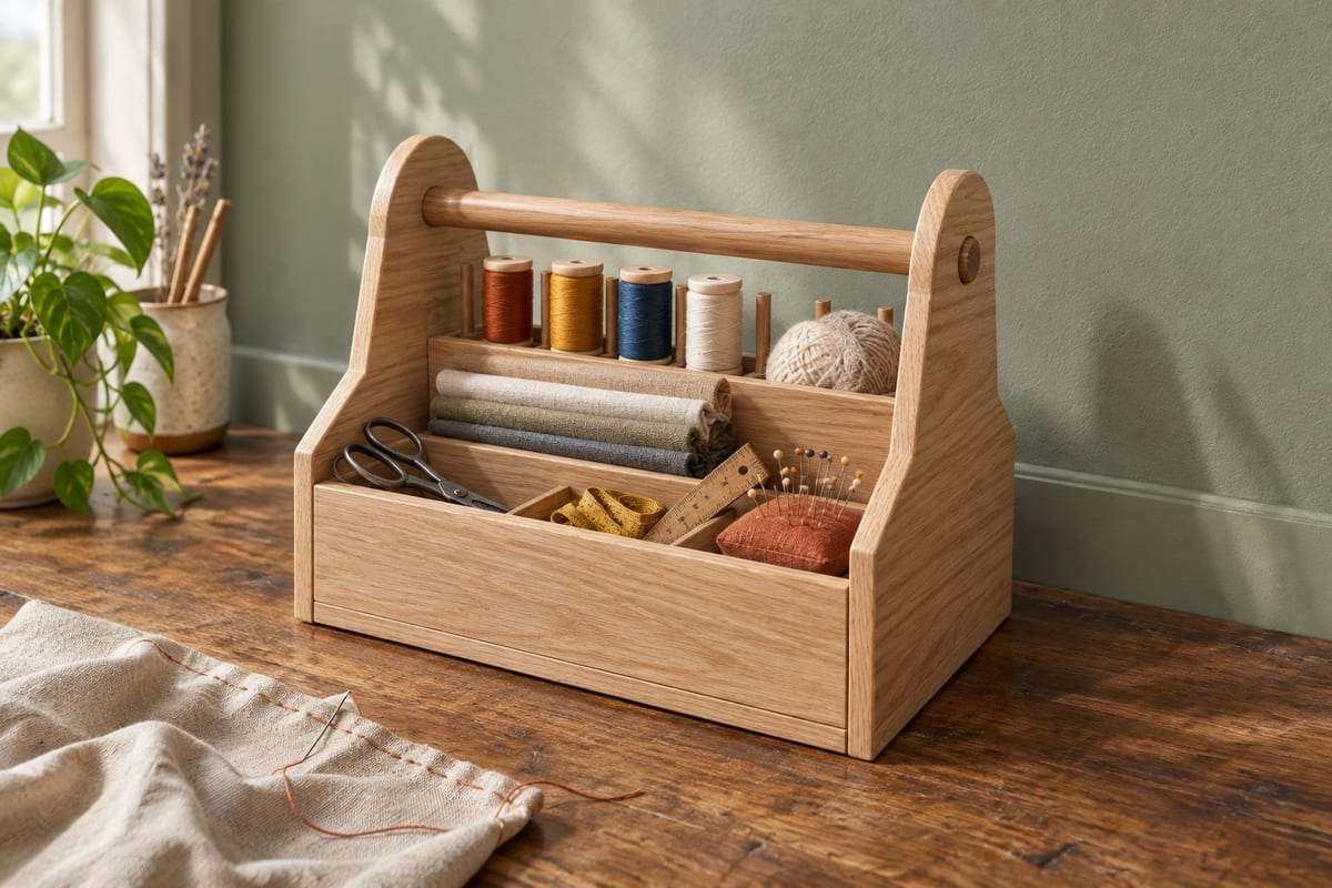 Oak sewing and craft caddy, a rendering