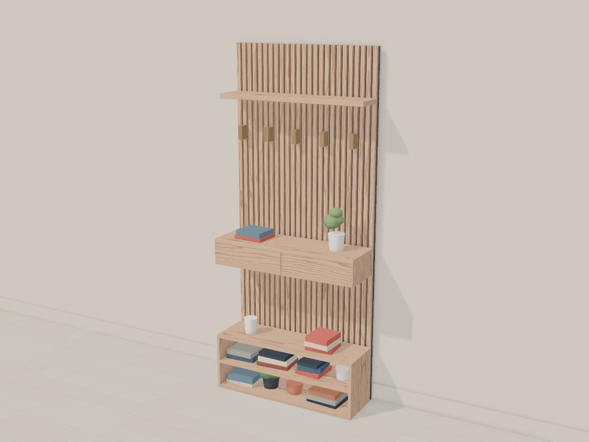 Oak slat drop-zone wall, Crava's 3D model