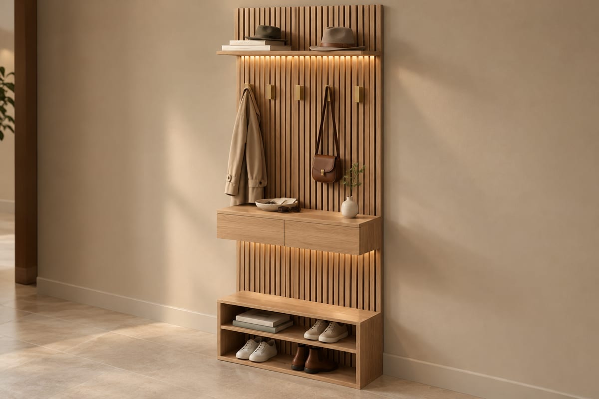 Oak slat drop-zone wall, a rendering